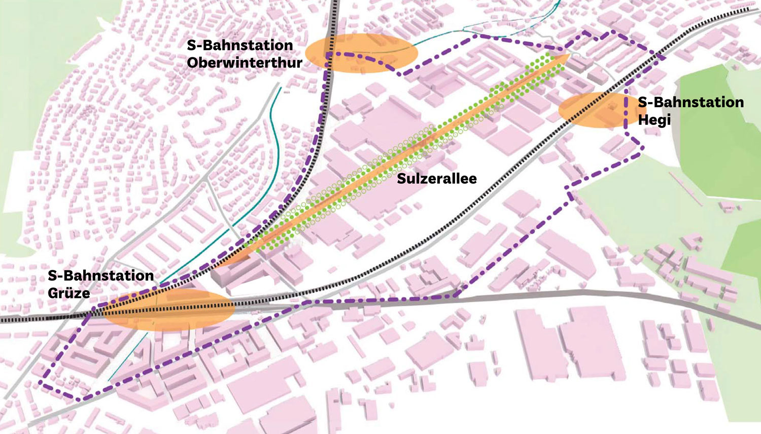 Perimeter mit 3 Bahnhöfen und der Sulzerallee